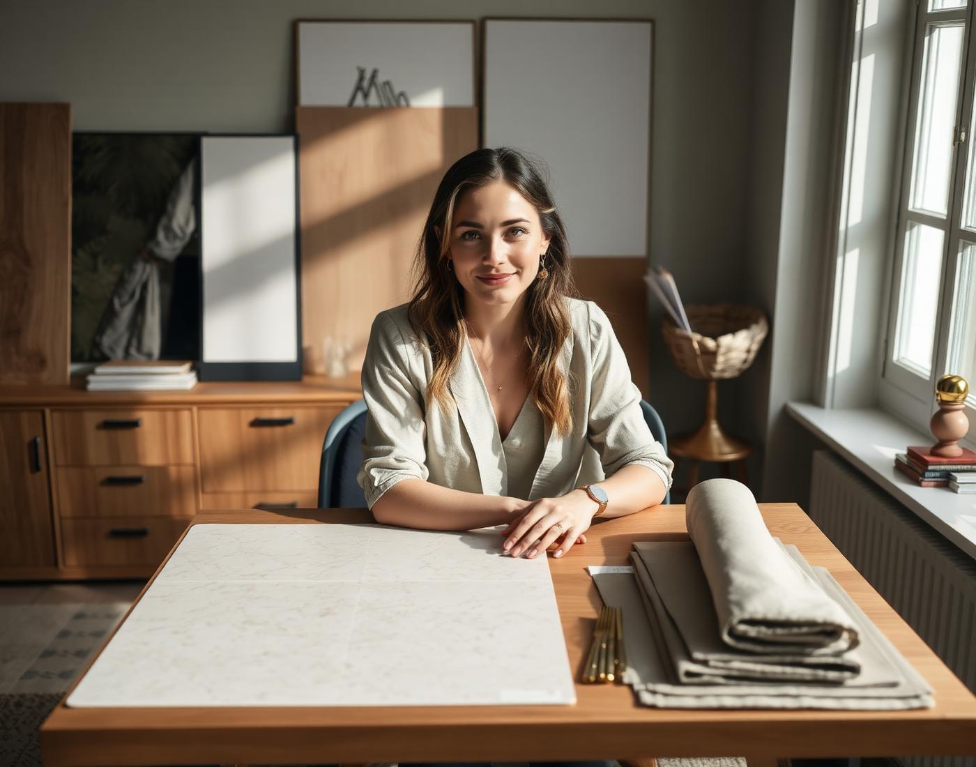 Studio workspace with architectural materials and design samples